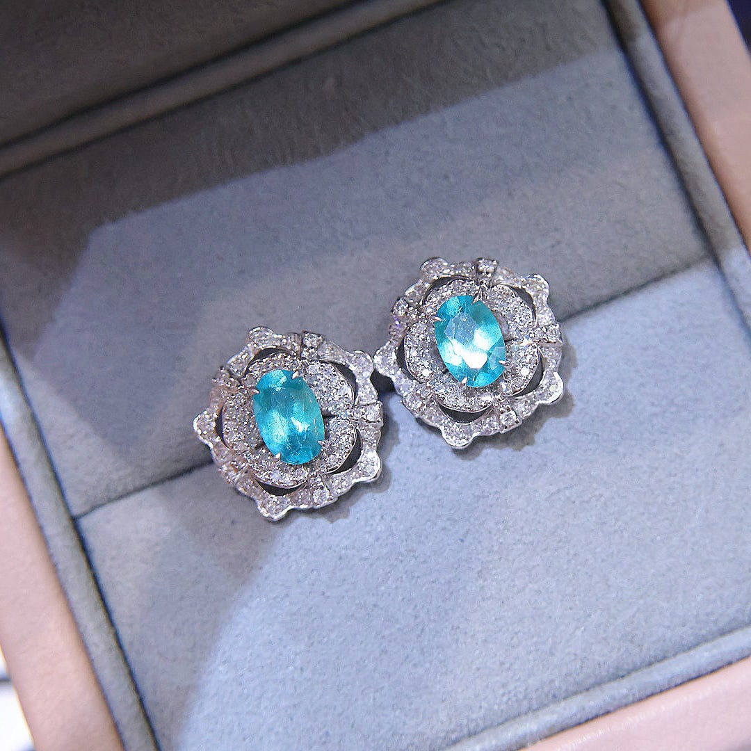 14k Gold 1.26 Ct Natural Paraiba Tourmaline & Diamond Earrings - 2