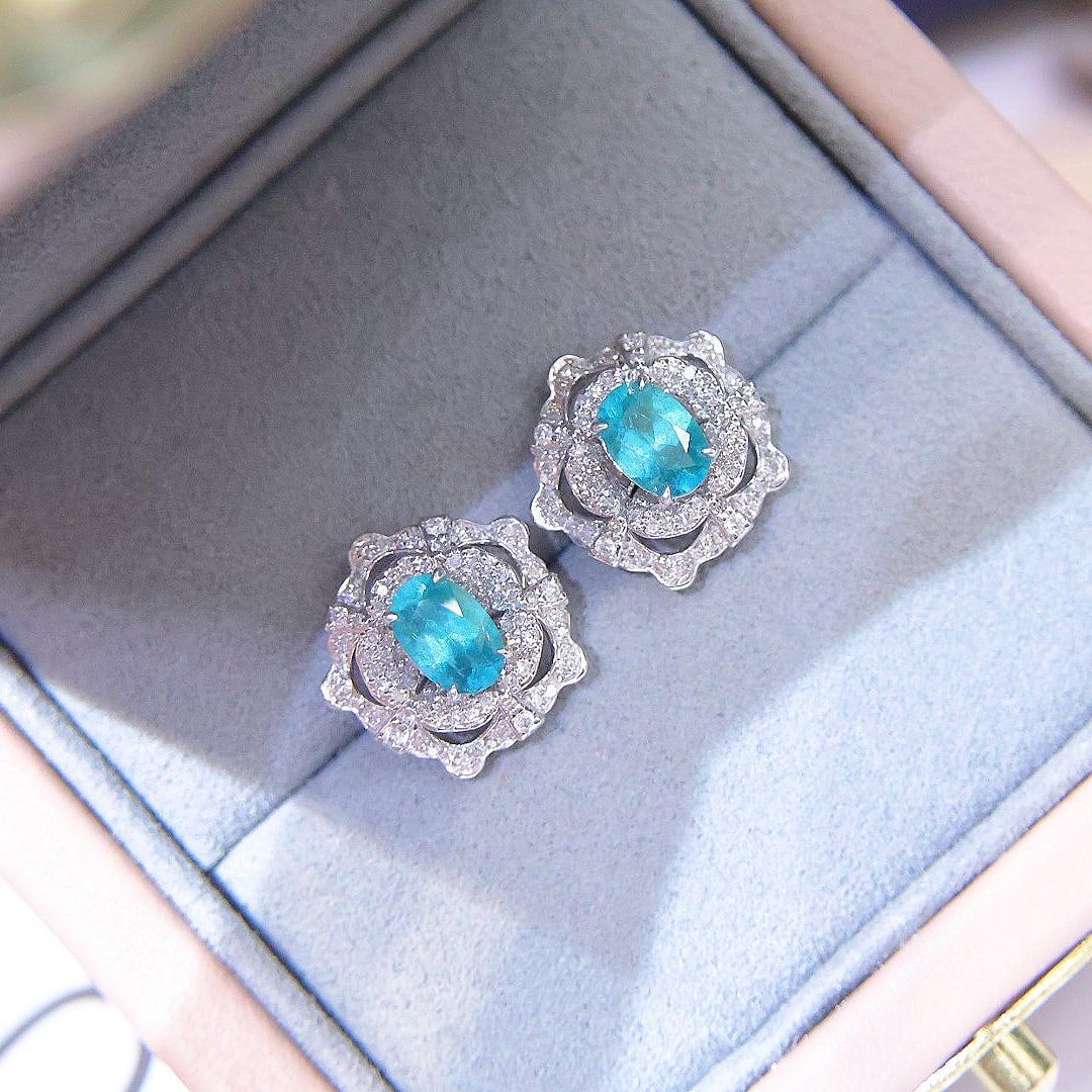 14k Gold 1.26 Ct Natural Paraiba Tourmaline & Diamond Earrings - 3