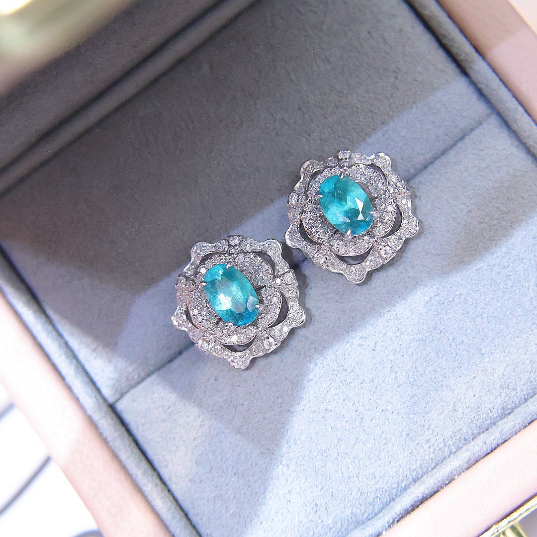 14k Gold 1.26 Ct Natural Paraiba Tourmaline & Diamond Earrings - 4