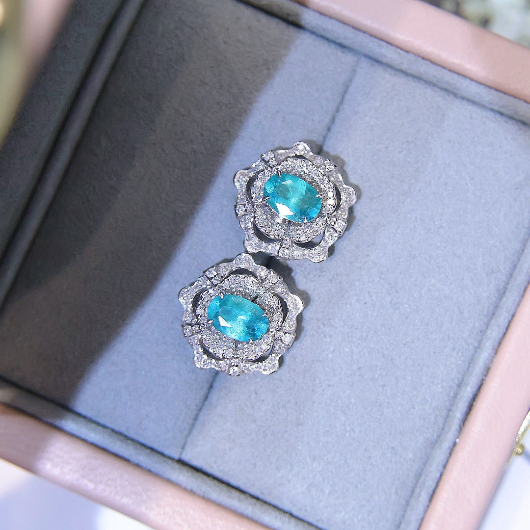 14k Gold 1.26 Ct Natural Paraiba Tourmaline & Diamond Earrings - 5