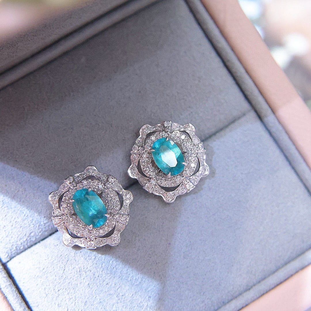 14k Gold 1.26 Ct Natural Paraiba Tourmaline & Diamond Earrings - 7