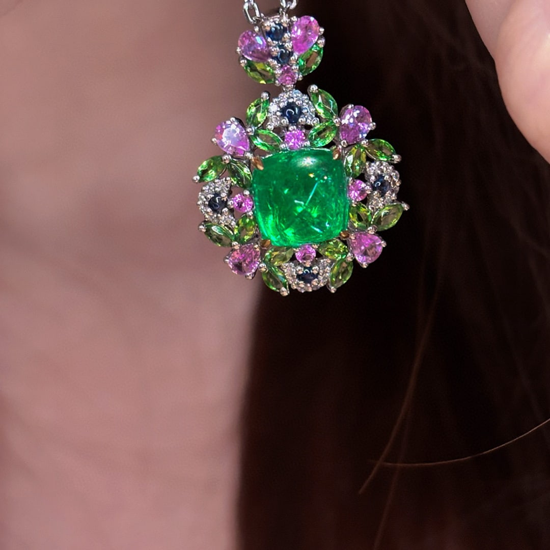 14k Gold 2.5 Ct Vivid Green Natural Emerald & Diamond & Sapphire & Tsavorite Pendant( Without Chain - 2