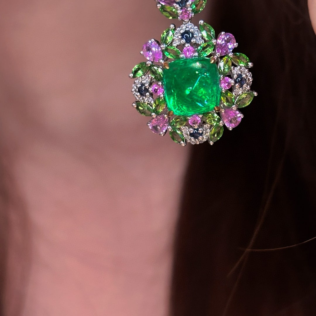 14k Gold 2.5 Ct Vivid Green Natural Emerald & Diamond & Sapphire & Tsavorite Pendant( Without Chain - 3