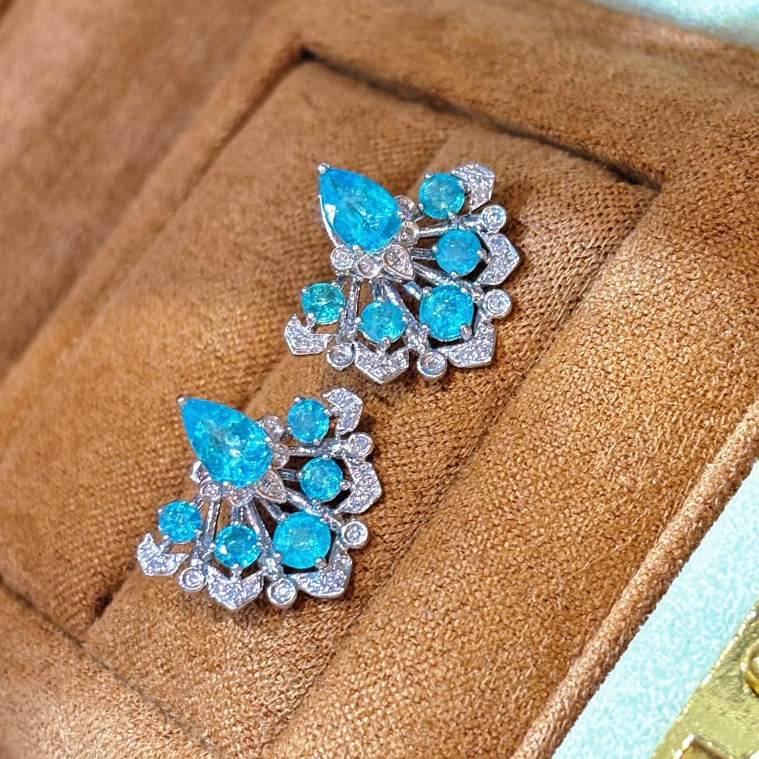 14k Gold 1.55 Ct Natural Paraiba Tourmaline & Diamond Earrings - 2