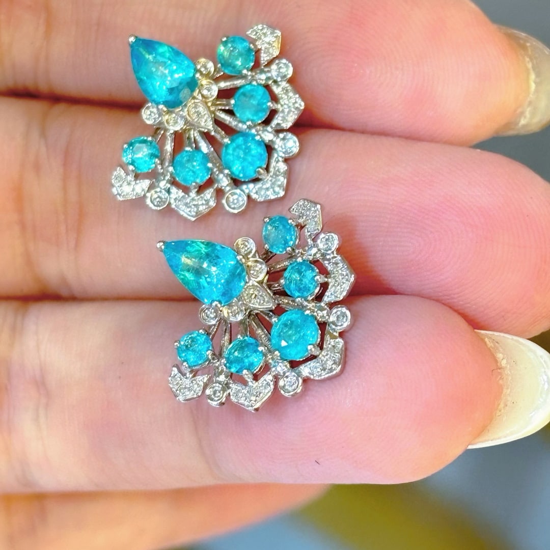 14k Gold 1.55 Ct Natural Paraiba Tourmaline & Diamond Earrings - 3