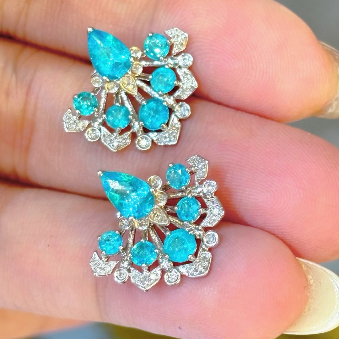 14k Gold 1.55 Ct Natural Paraiba Tourmaline & Diamond Earrings - 4