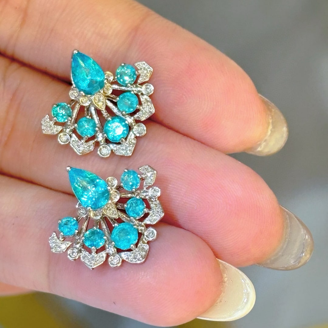 14k Gold 1.55 Ct Natural Paraiba Tourmaline & Diamond Earrings - 5