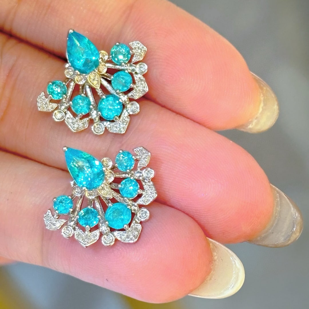 14k Gold 1.55 Ct Natural Paraiba Tourmaline & Diamond Earrings - 6