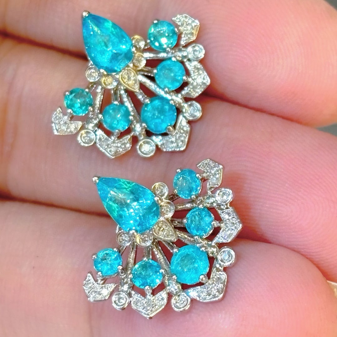 14k Gold 1.55 Ct Natural Paraiba Tourmaline & Diamond Earrings - 7