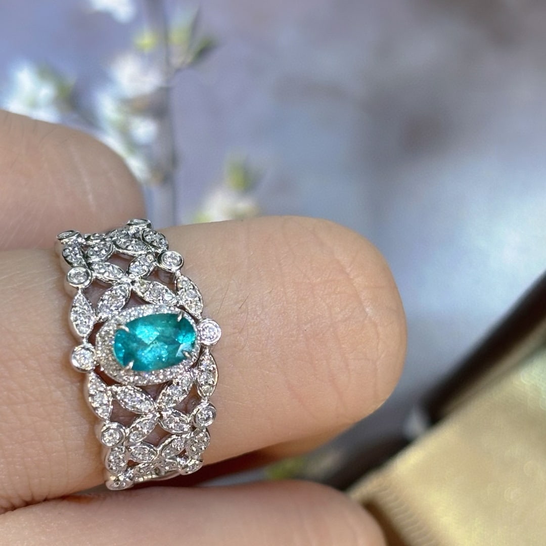 14k Gold 0.4 Ct Natural Paraiba Tourmaline & Diamond Ring - 5