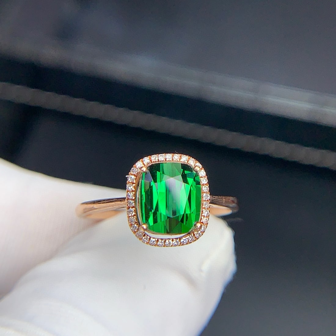 14k Gold 1.9 Ct Natural Tourmaline & Diamond Ring: Ref:231056109 // gold content:14k gold // ring size:7. 25us // // main gemstone:tourmaline // shape:cushion // carat weight:1. 9ct // color:green // treatment:natural // // adjacent gemstone 2 :