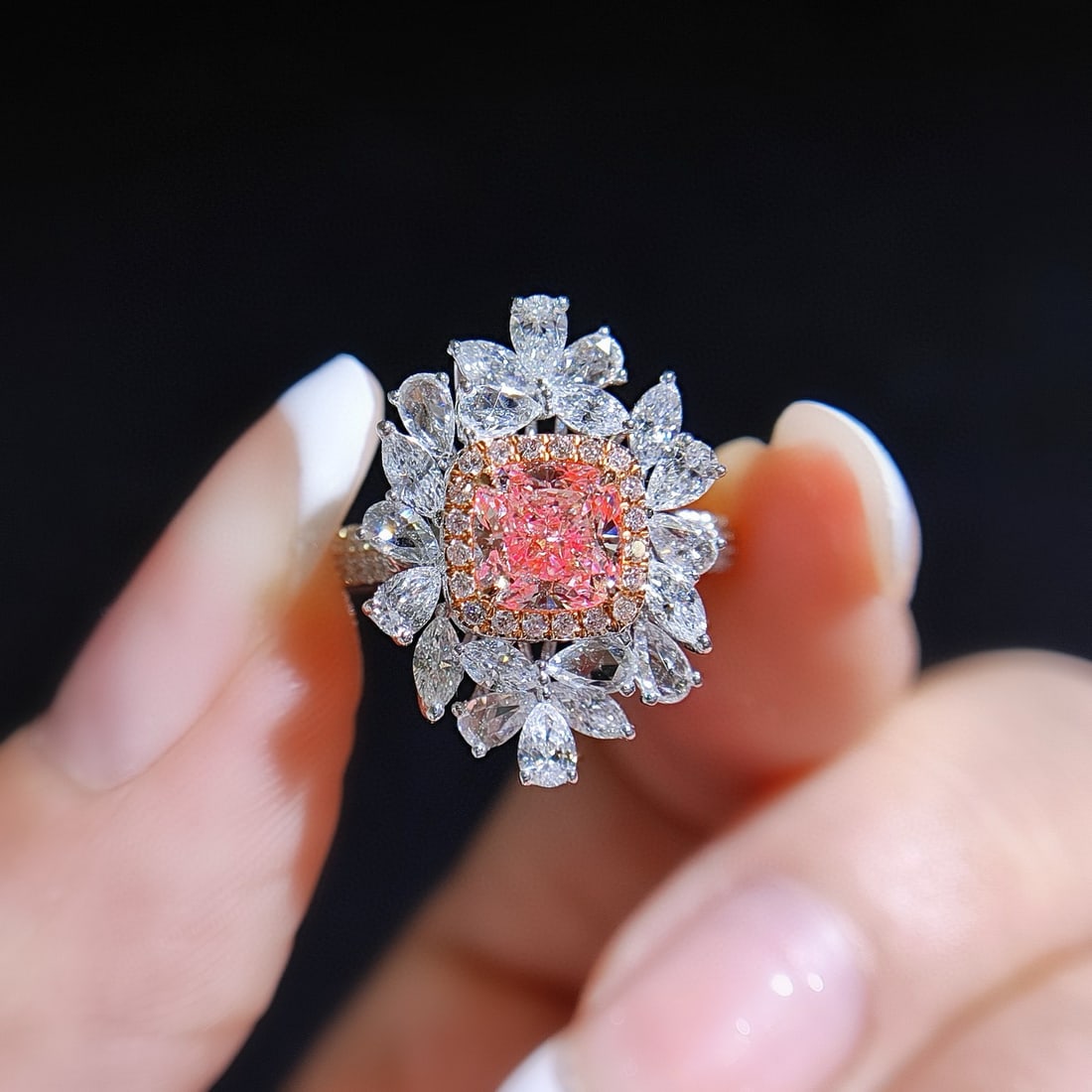 14k Gold 2.17 Ctw Natural Pink Diamond & Diamond Ring/pendant( Without Chain ): Ref:231056124 // gold content:14k gold // ring size:7. 25us // // main gemstone:pink diamond // shape:cushion // carat weight:1. 01ct // color:pink // treatment:natural // // adjacent gemstone 2 :