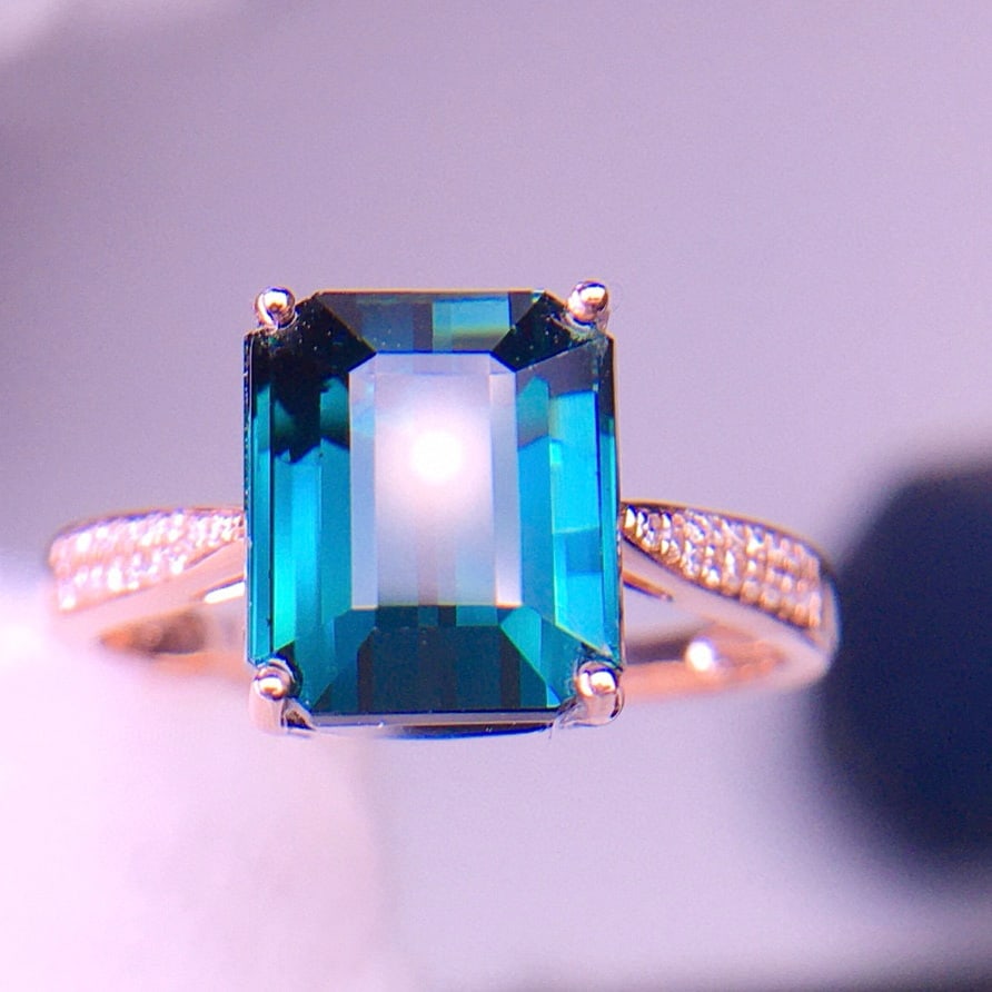14k Gold 5.05 Ct Natural Tourmaline & Diamond Ring: Ref:231056129 // gold content:14k gold // ring size:7. 25us // // main gemstone:tourmaline // shape:octagonal // carat weight:5. 05ct // color:blue // treatment:natural // // adjacent gemstone 2 :