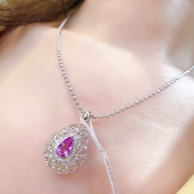 14k Gold 1 Ct Natural Sapphire & Sapphire & Diamond Pendant( Without Chain ) - 4
