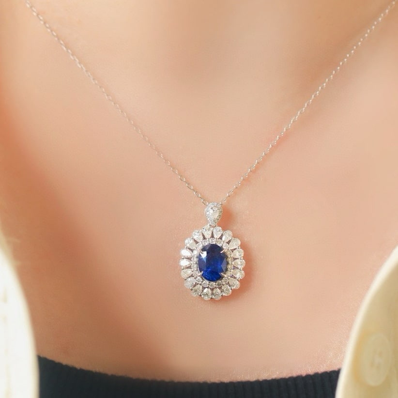 14k Gold 2.93 Ctw Natural Sapphire & Diamond Pendant( Without Chain ) - 7