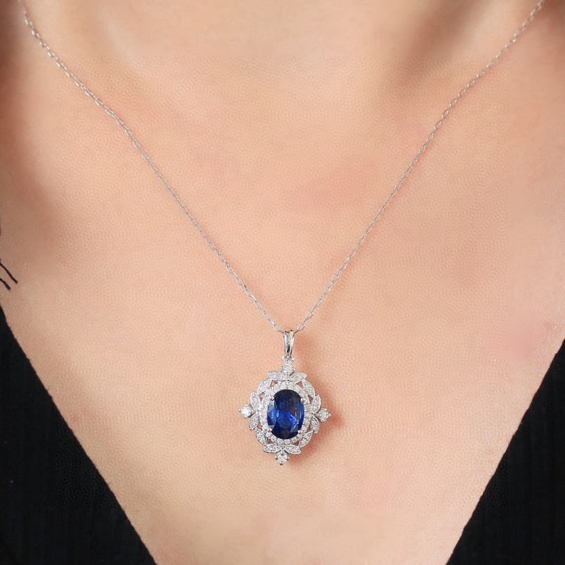 14k Gold 1.65 Ctw Natural Sapphire & Diamond Pendant( Without Chain ) - 5