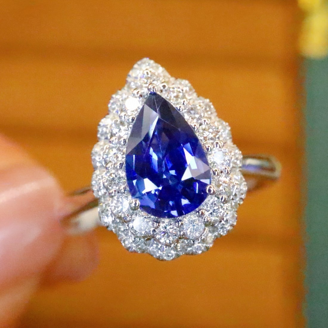 14k Gold 1.71 Ctw Natural Sapphire & Diamond Ring: Ref:231056143 // gold content:14k gold // ring size:7. 25us // // main gemstone:sapphire // shape:pear // carat weight:1. 33ct // color:royal blue // treatment:natural // // adjacent gemstone 2 : diam