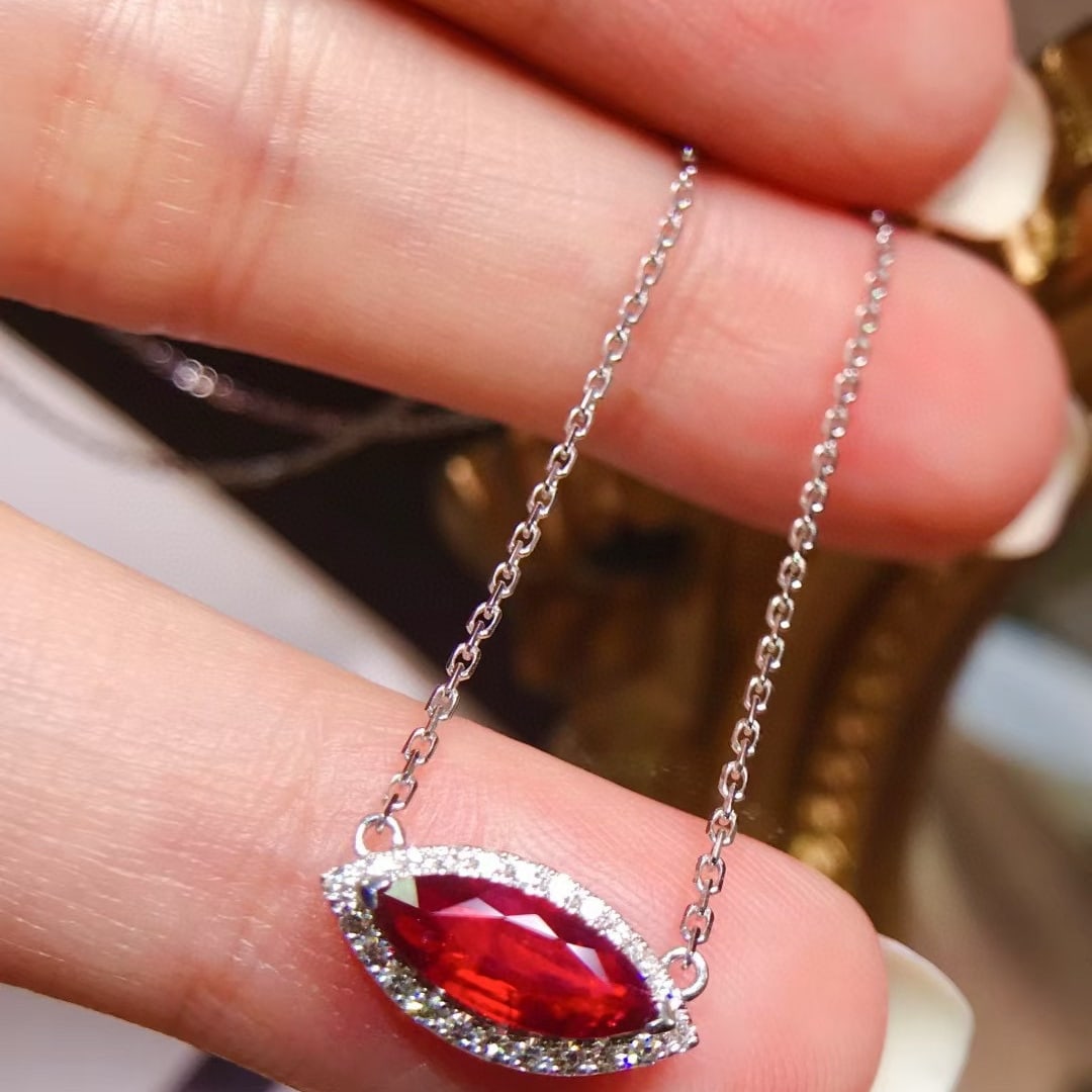 14k Gold 0.98 Ctw Natural Ruby & Diamond Necklace: Ref:231056145 // gold content:14k gold // main gemstone:ruby // shape:marquise // carat weight:0. 8ct // color:pigeonblood red // treatment:natural // // adjacent gemstone 2 : diamond // shape:round
