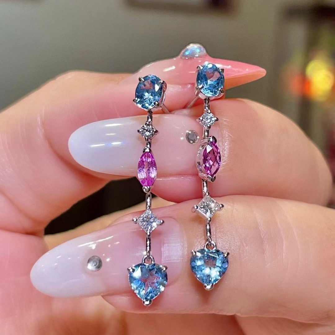 14k Gold 1.81 Ctw Natural Aquamarine & Sapphire & Diamond Earrings: Ref:231056148 // gold content:14k gold // main gemstone:aquamarine & sapphire // shape:multiply // carat weight:1. 55ct // color:blue & pink // treatment:natural // // adjacent gemstone 2 : diamond