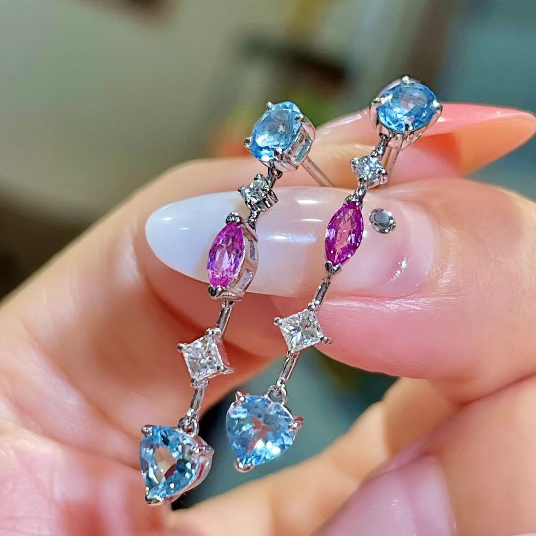 14k Gold 1.81 Ctw Natural Aquamarine & Sapphire & Diamond Earrings - 3
