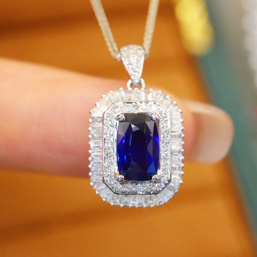 14k Gold 1.38 Ctw Natural Sapphire & Diamond Pendant( Without Chain ): Ref:231056182 // gold content:14k gold // main gemstone:sapphire // shape:cushion // carat weight:1. 03ct // color:royal blue // treatment:natural // // adjacent gemstone 2 : diamond // number of