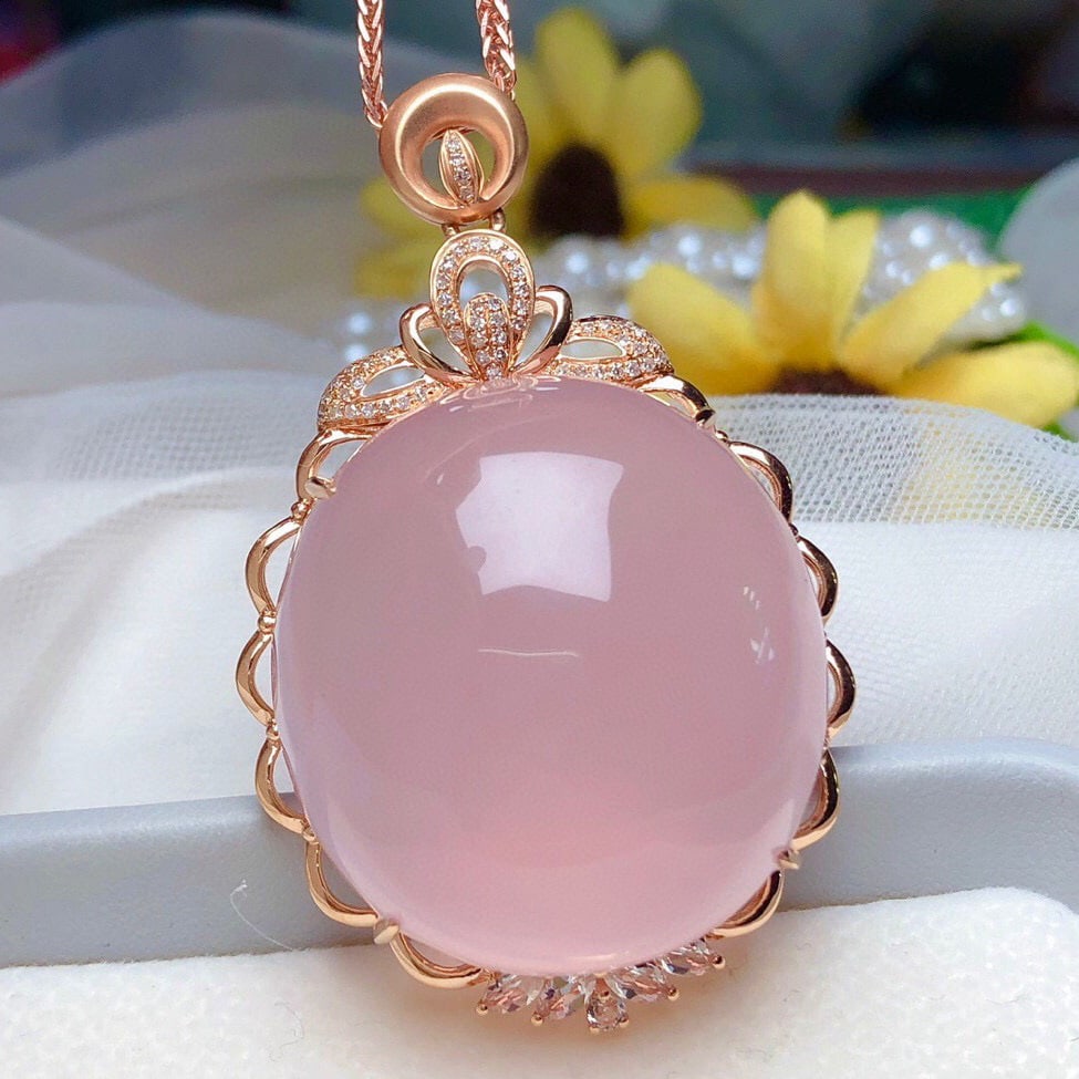14k Gold 96.30 Ct Natural Rose Quartz & Diamond & Sapphire Pendant( Without Chain ) - 2