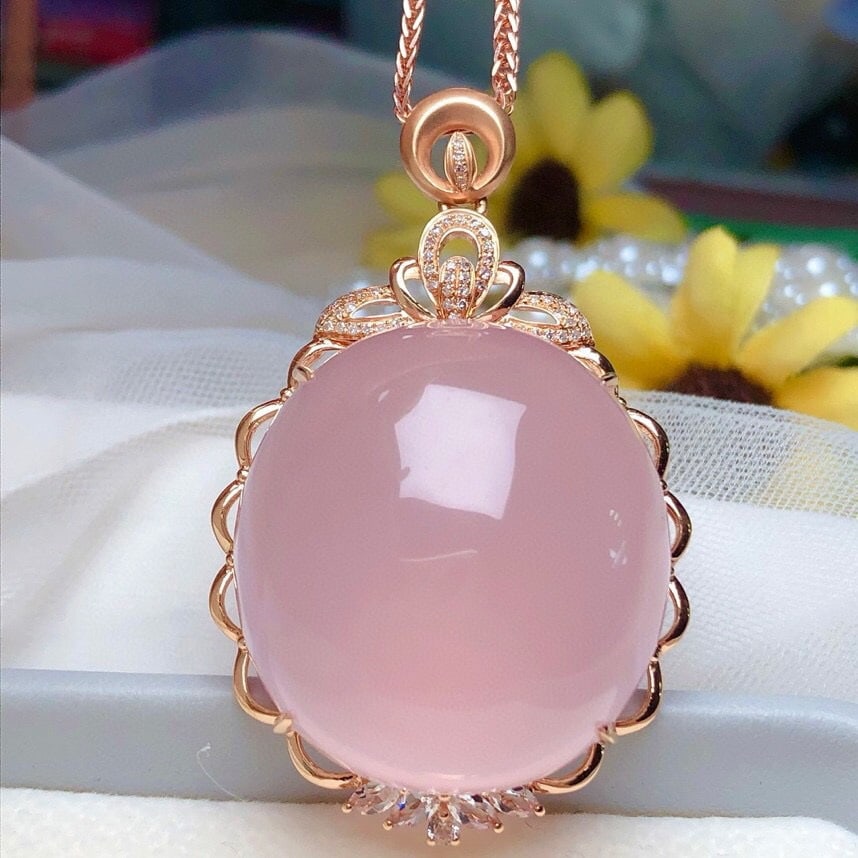 14k Gold 96.30 Ct Natural Rose Quartz & Diamond & Sapphire Pendant( Without Chain ) - 3