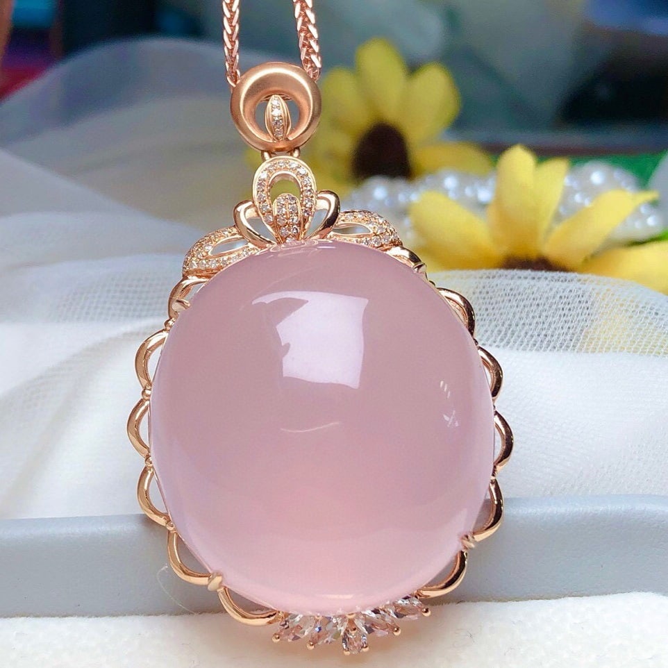 14k Gold 96.30 Ct Natural Rose Quartz & Diamond & Sapphire Pendant( Without Chain ) - 4