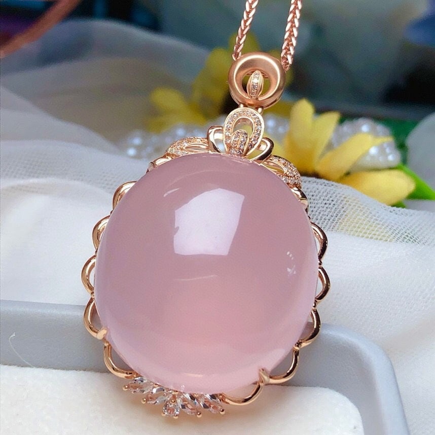 14k Gold 96.30 Ct Natural Rose Quartz & Diamond & Sapphire Pendant( Without Chain ) - 5
