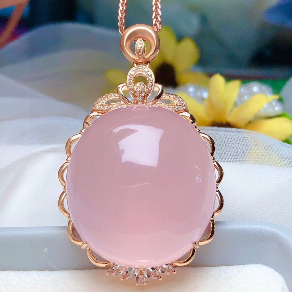 14k Gold 96.30 Ct Natural Rose Quartz & Diamond & Sapphire Pendant( Without Chain ) - 6
