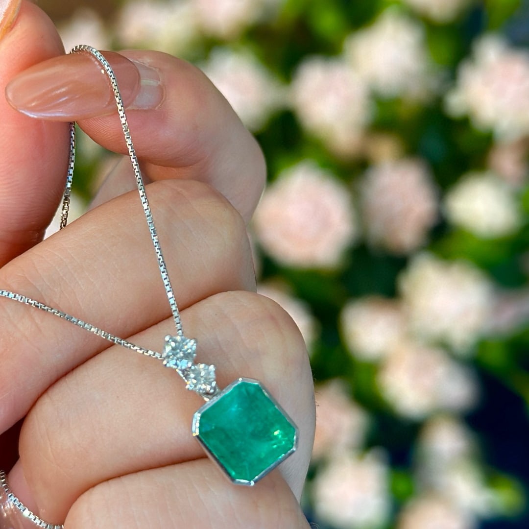 14k Gold 3.88 Ctw Natural Emerald & Diamond Pendant( Without Chain ) - 8