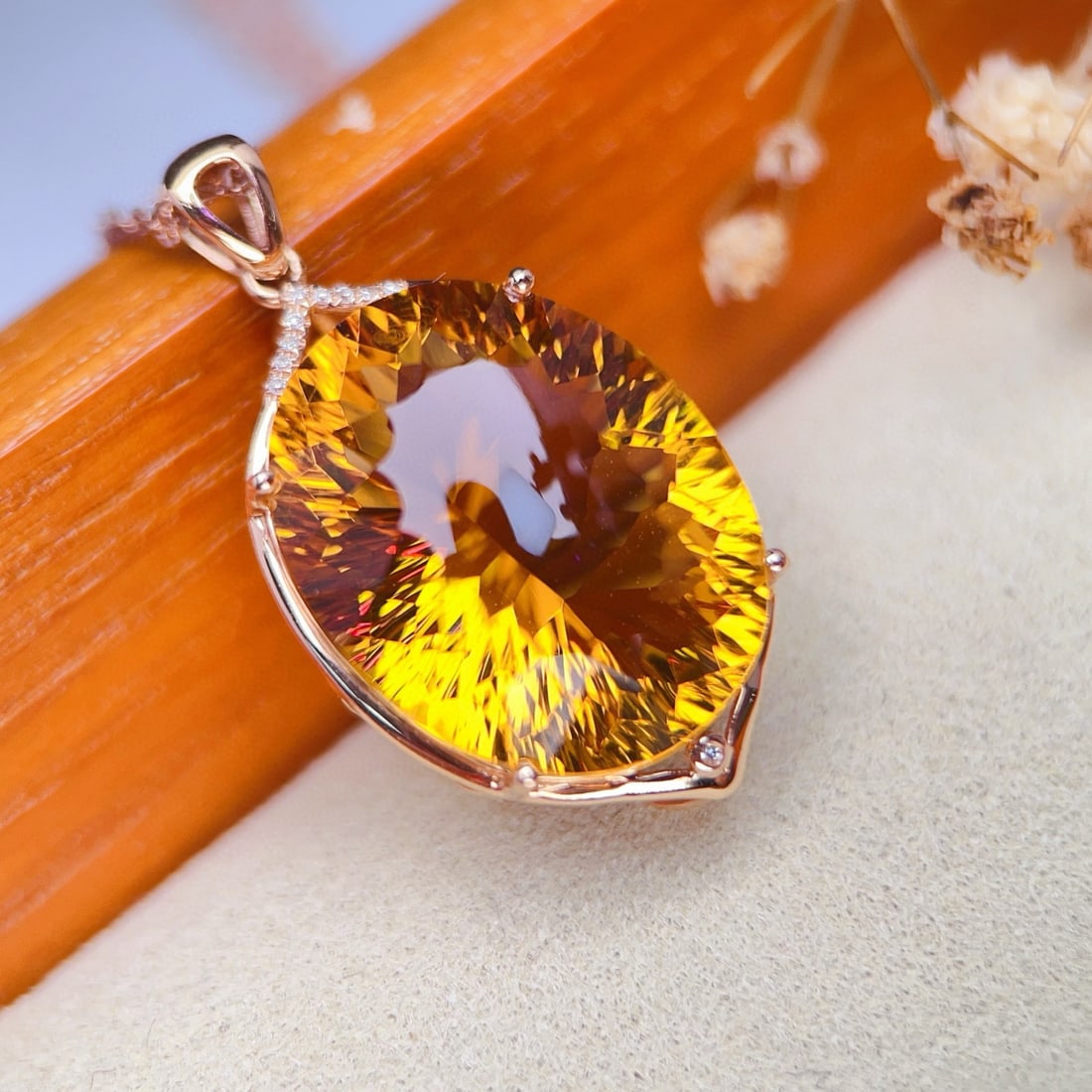 14k Gold 23.23 Ctw Natural Citrine & Diamond Pendant( Without Chain ) - 2
