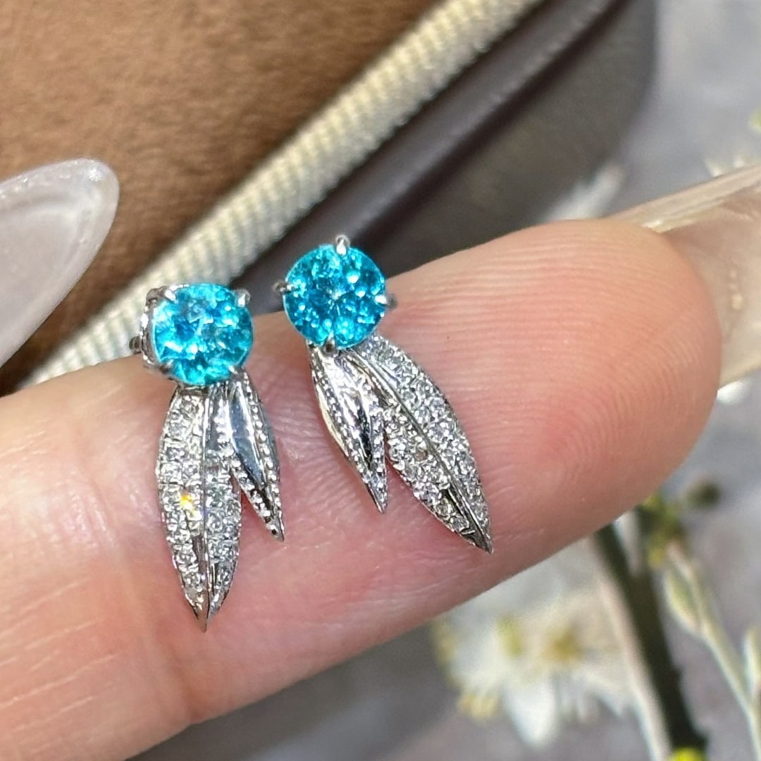 14k Gold 0.45 Ct Natural Paraiba Tourmaline & Diamond Earrings - 2
