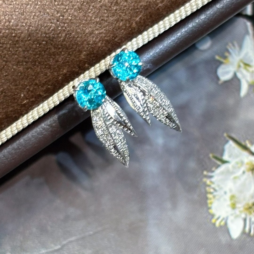 14k Gold 0.45 Ct Natural Paraiba Tourmaline & Diamond Earrings - 3