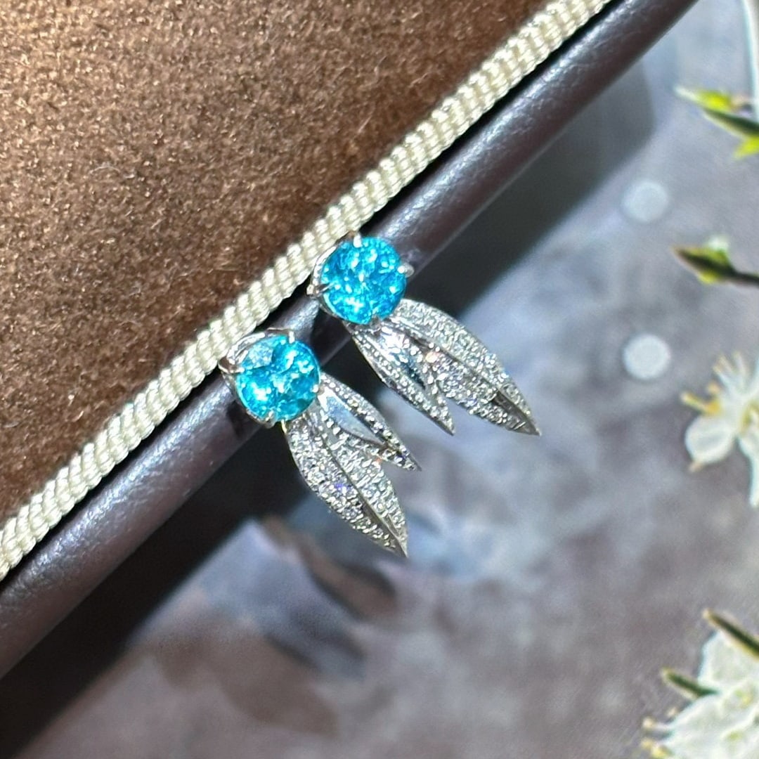 14k Gold 0.45 Ct Natural Paraiba Tourmaline & Diamond Earrings - 5