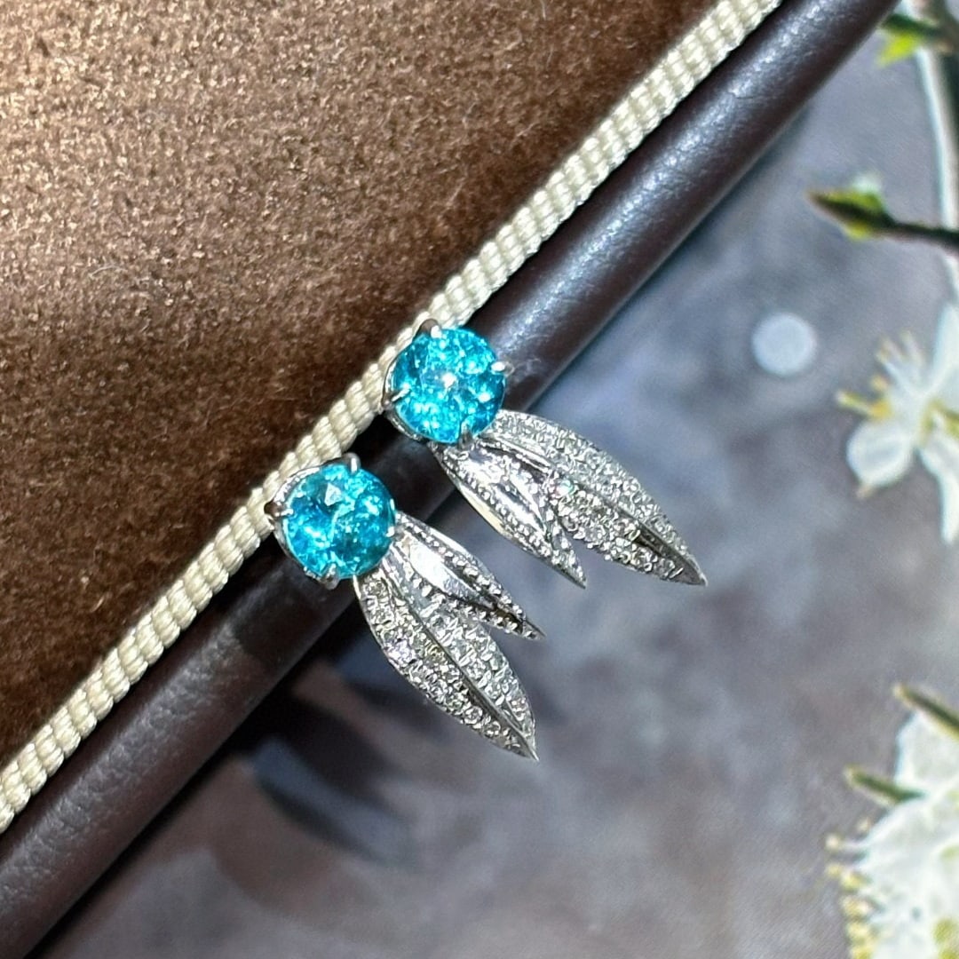 14k Gold 0.45 Ct Natural Paraiba Tourmaline & Diamond Earrings - 7