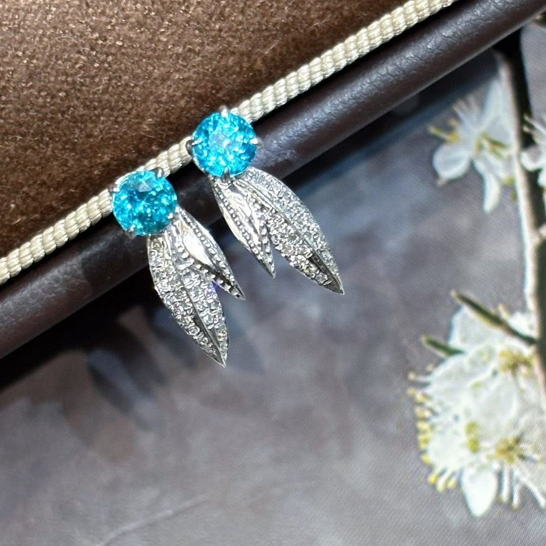 14k Gold 0.45 Ct Natural Paraiba Tourmaline & Diamond Earrings - 8
