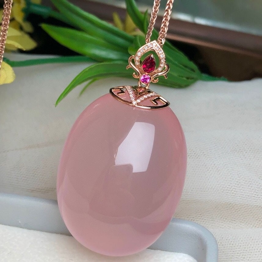14k Gold 166 Ct Natural Rose Quartz & Diamond Pendant( Without Chain ) - 3