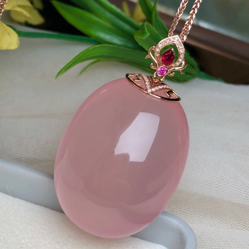 14k Gold 166 Ct Natural Rose Quartz & Diamond Pendant( Without Chain ) - 6