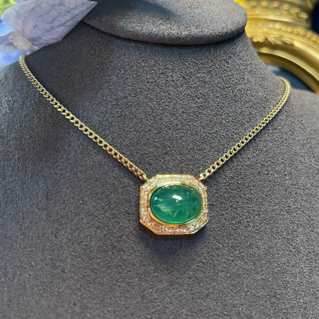 14k Gold 4.85 Ctw Natural Emerald & Diamond Necklace: Ref:231056209 // gold content:14k gold // main gemstone:emerald // shape:oval // carat weight:4. 70ct // color:green // treatment:natural // // adjacent gemstone 2 : diamond // shape:round // carat