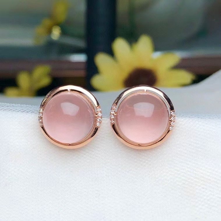 14k Gold 9.20 Ct Natural Rose Quartz & Diamond Earrings: Ref:231056216 // gold content:14k gold // main gemstone:rose quartz // shape:round // carat weight:9. 20ct // color:pink // treatment:natural // cut grade:g // // adjacent gemstone 2 : diamond //
