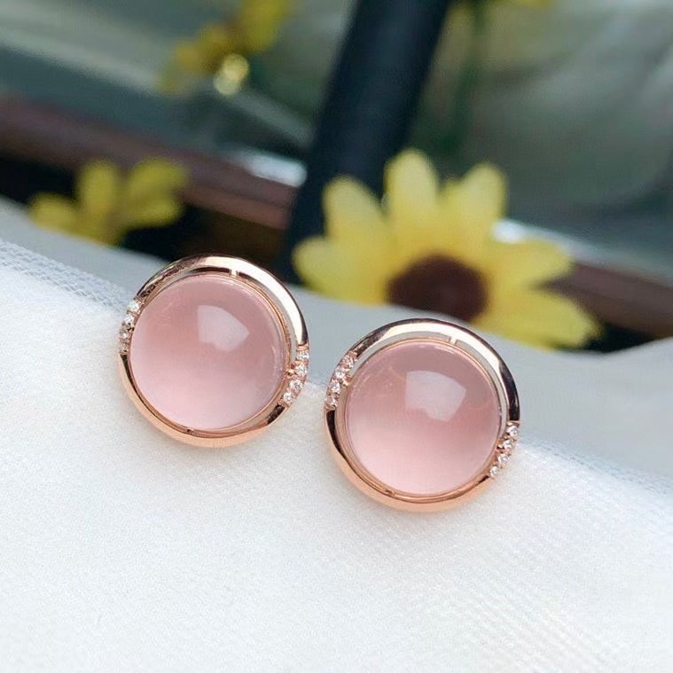 14k Gold 9.20 Ct Natural Rose Quartz & Diamond Earrings - 2
