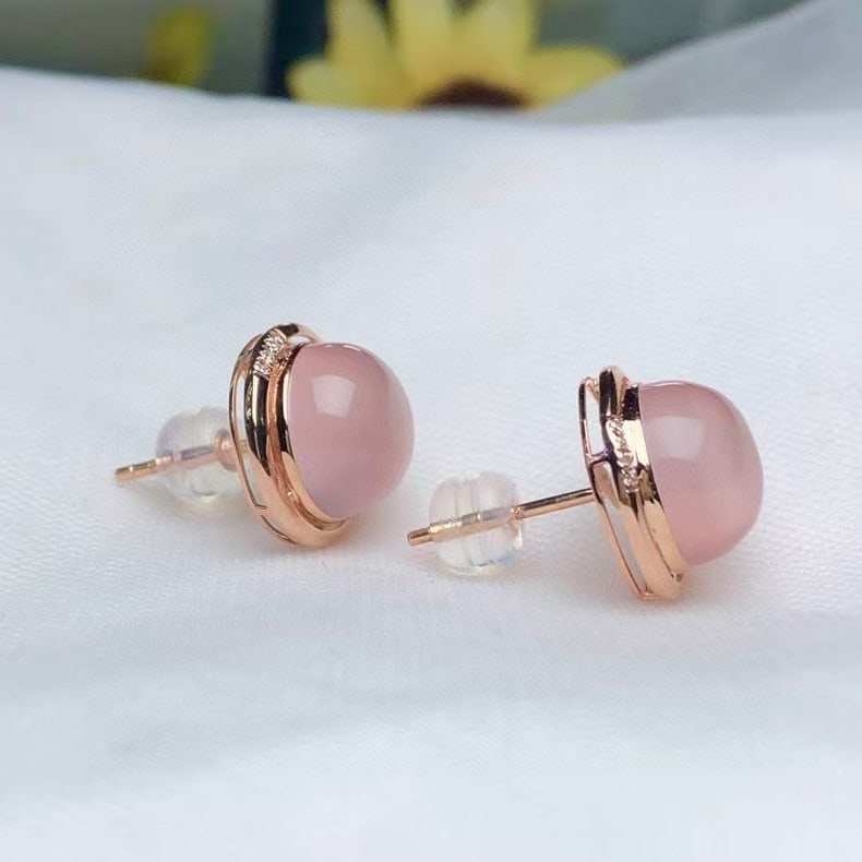 14k Gold 9.20 Ct Natural Rose Quartz & Diamond Earrings - 3