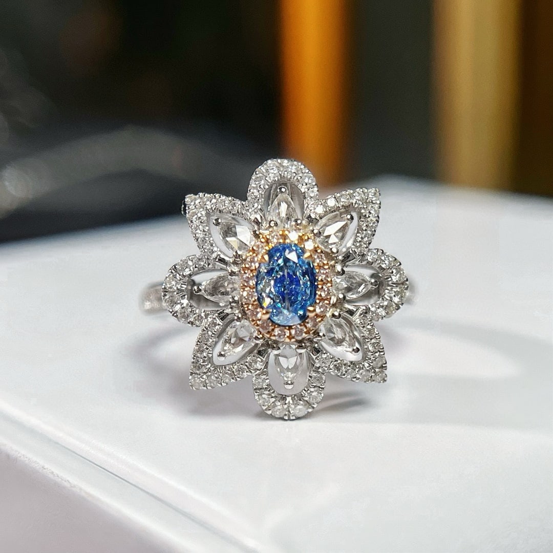 14k Gold 1.06 Ctw Natural Blue Diamond & Diamond Ring/pendant( Without Chain ): Ref:231056223 // gold content:14k gold // ring size:7. 25us // // main gemstone:blue diamond // shape:oval // carat weight:0. 37ct // color:blue // treatment:natural // // adjacent gemstone 2 :