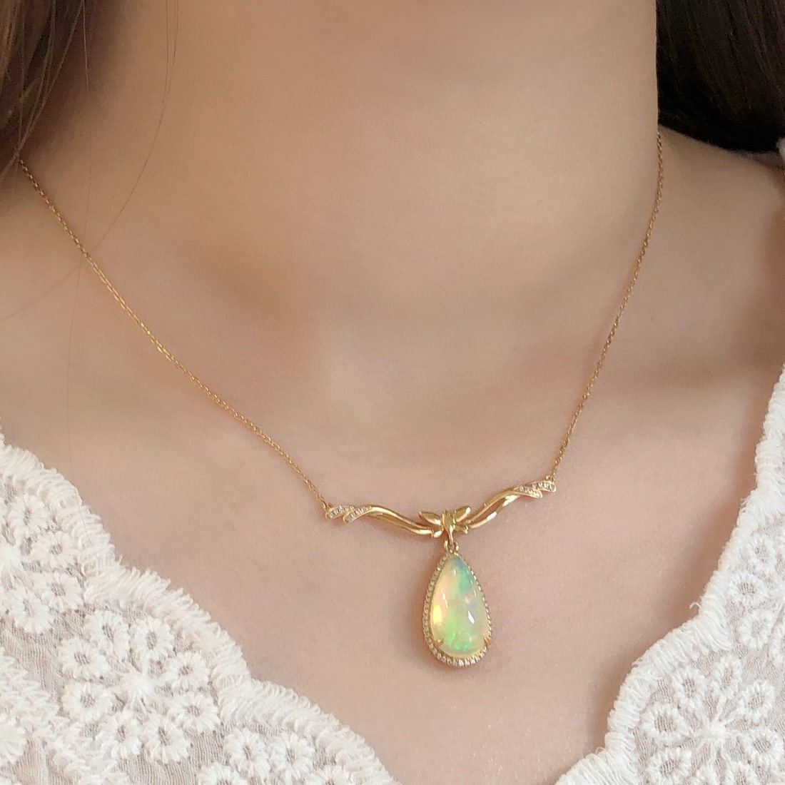 14k Gold 2.94 Ctw Natural Opal & Diamond Necklace - 4