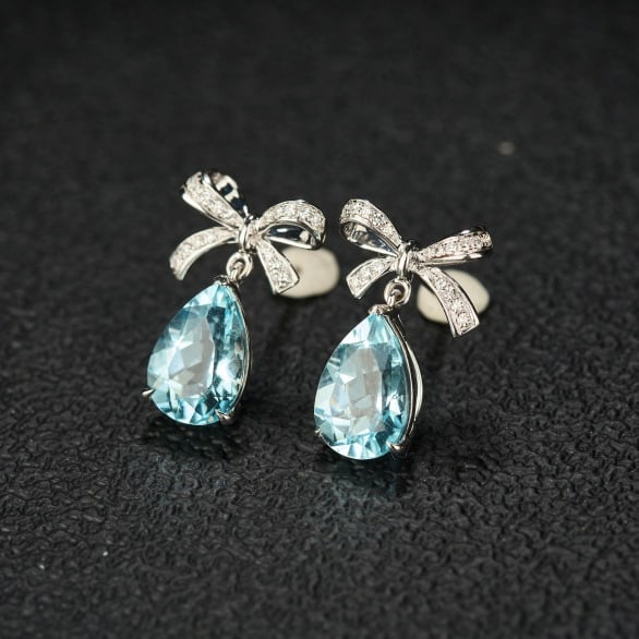 14k Gold 3.5 Ct Natural Aquamarine & Diamond Earrings - 3