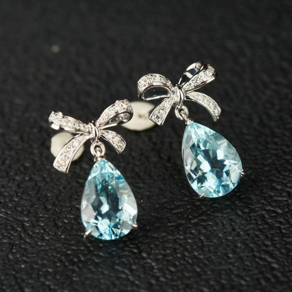 14k Gold 3.5 Ct Natural Aquamarine & Diamond Earrings - 6