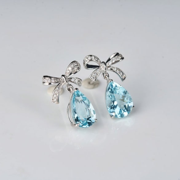14k Gold 3.5 Ct Natural Aquamarine & Diamond Earrings - 8