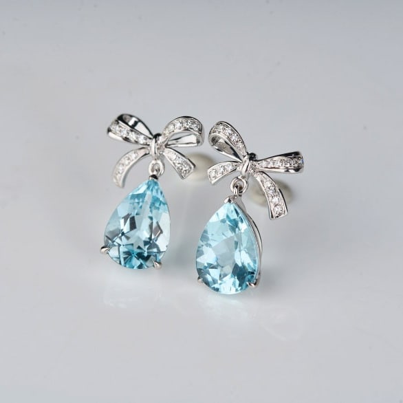 14k Gold 3.5 Ct Natural Aquamarine & Diamond Earrings - 9