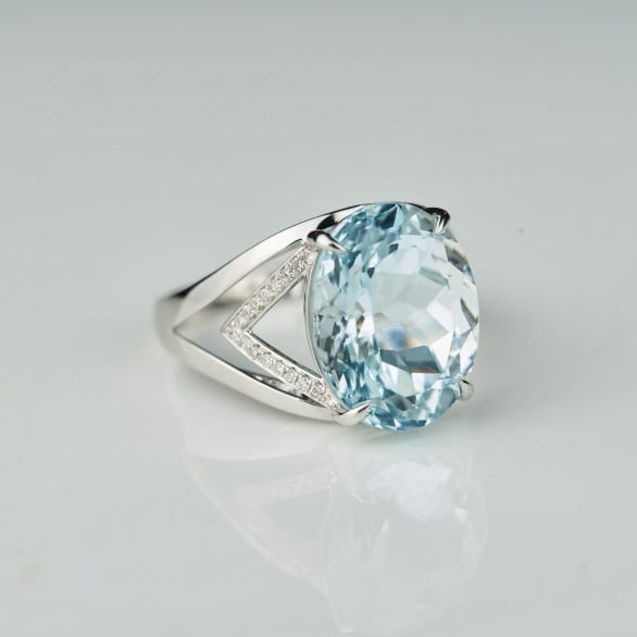 14k Gold 6.95 Ct Natural Aquamarine & Diamond Ring - 8